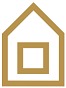 Złoty, minimalistyczny symbol domu z kwadratem w środku, na białym tle. Prosty, geometryczny kształt sugerujący architekturę i mieszkanie.