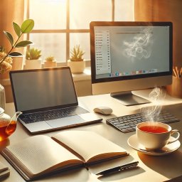 MOJE SKARBY SP. Z O.O. SPÓŁKA Z OGRANICZONĄ ODPOWIEDZIALNOŚCIĄ - Biurko z laptopem, komputerem stacjonarnym, otwartym notatnikiem, filiżanką herbaty i czarnym długopisem w słonecznym pokoju, sugerujące pracę zdalną lub naukę online.