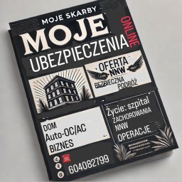 MOJE SKARBY SP. Z O.O. SPÓŁKA Z OGRANICZONĄ ODPOWIEDZIALNOŚCIĄ - Czarno-biała okładka broszury reklamowej z ofertą ubezpieczeń: na życie, NNW, podróżne, dom, auto i biznes, z numerem telefonu kontaktowego.