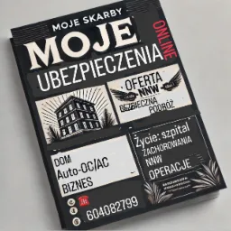 Czarno-biała okładka broszury reklamowej z ofertą ubezpieczeń: na życie, NNW, podróżne, dom, auto i biznes, z numerem telefonu kontaktowego.