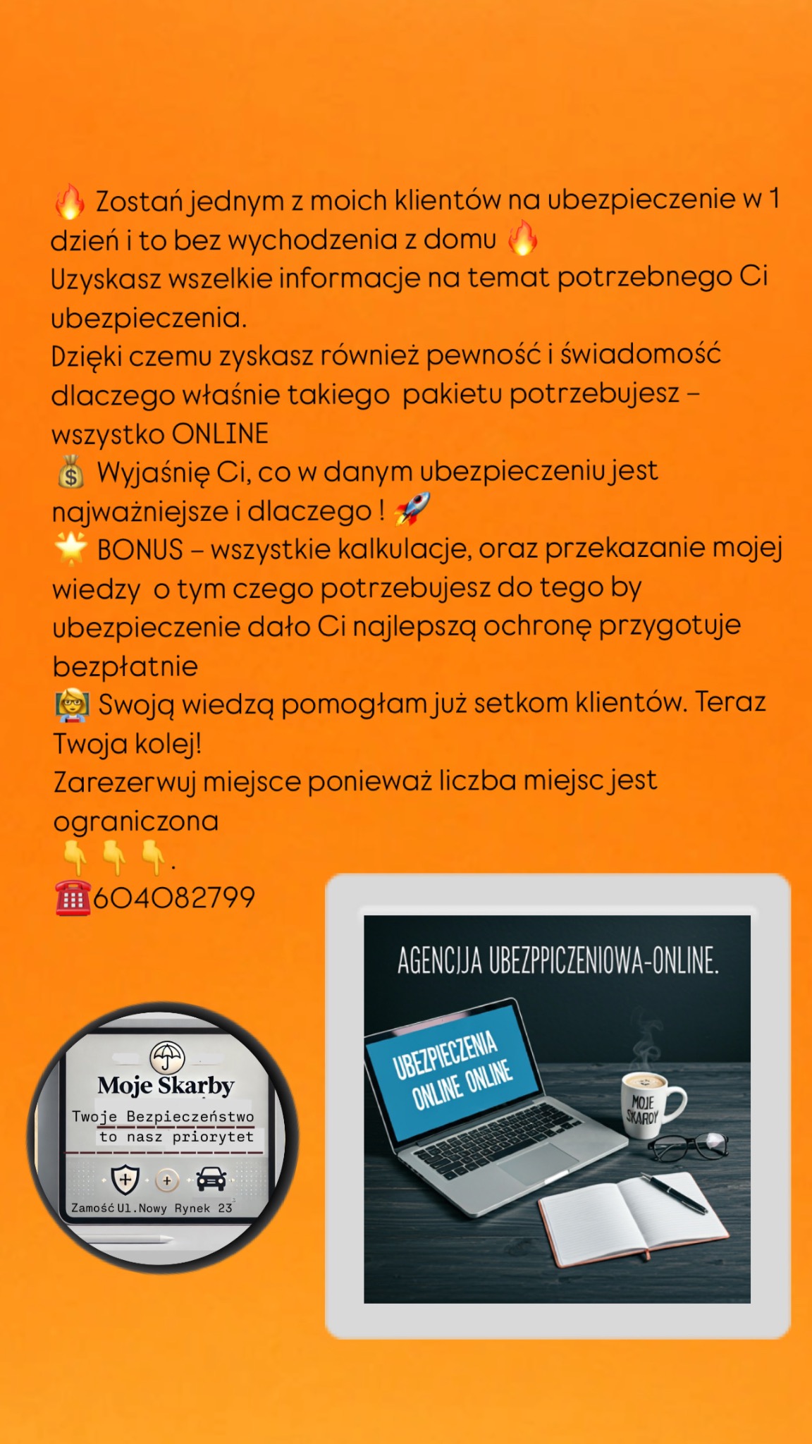 Grafika reklamowa agencji ubezpieczeniowej online: Laptop z wyświetlonym napisem 'Ubezpieczenia Online Online', obok kubek z napisem 'Moje Skarby', notatnik i okulary na ciemnym drewnianym biurku...