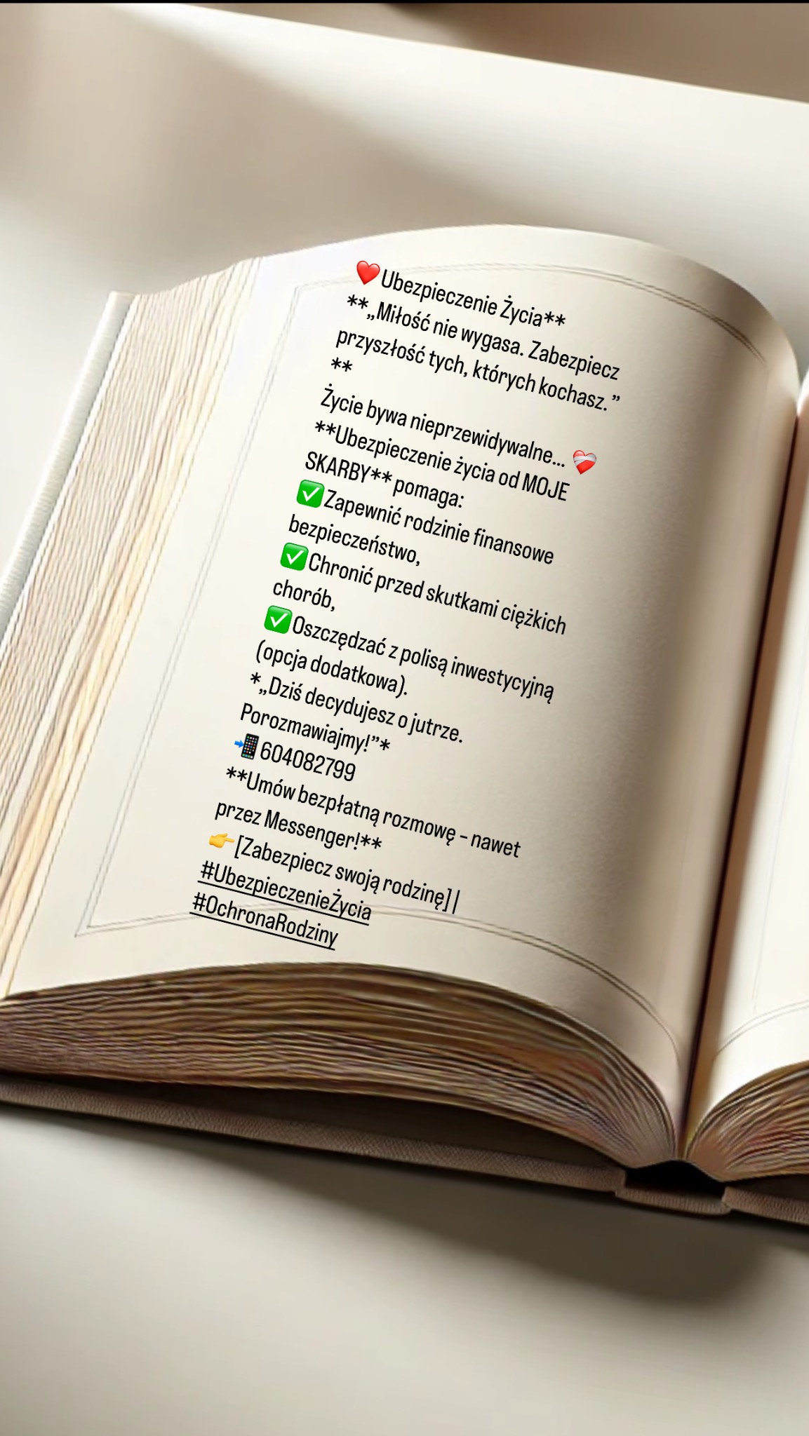 Otwarta książka z tekstem reklamowym dotyczącym polisy ubezpieczeniowej na życie, podkreślającym ochronę finansową rodziny i możliwość oszczędzania.