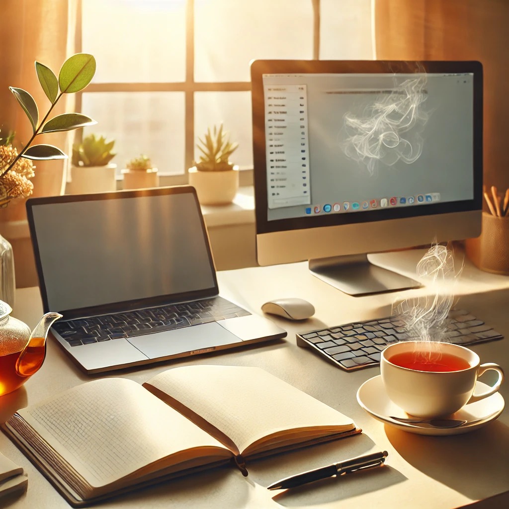 Biurko z laptopem, komputerem stacjonarnym, otwartym notatnikiem, filiżanką herbaty i czarnym długopisem w słonecznym pokoju, sugerujące pracę zdalną lub naukę online.