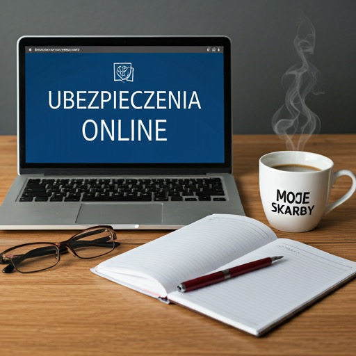 Laptop z ekranem wyświetlającym napis 'Ubezpieczenia Online', obok notatnik z długopisem, okulary i kubek z parującą kawą.