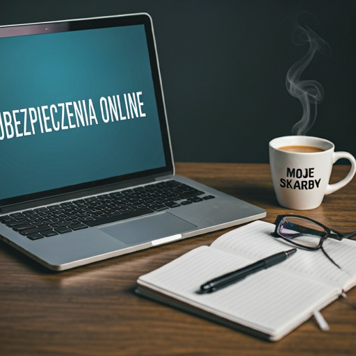 Laptop z wyświetlonym napisem 'Ubezpieczenia Online', obok kubek z parującą kawą i napisem 'Moje Skarby', otwarty notatnik z długopisem i okulary na drewnianym biurku.