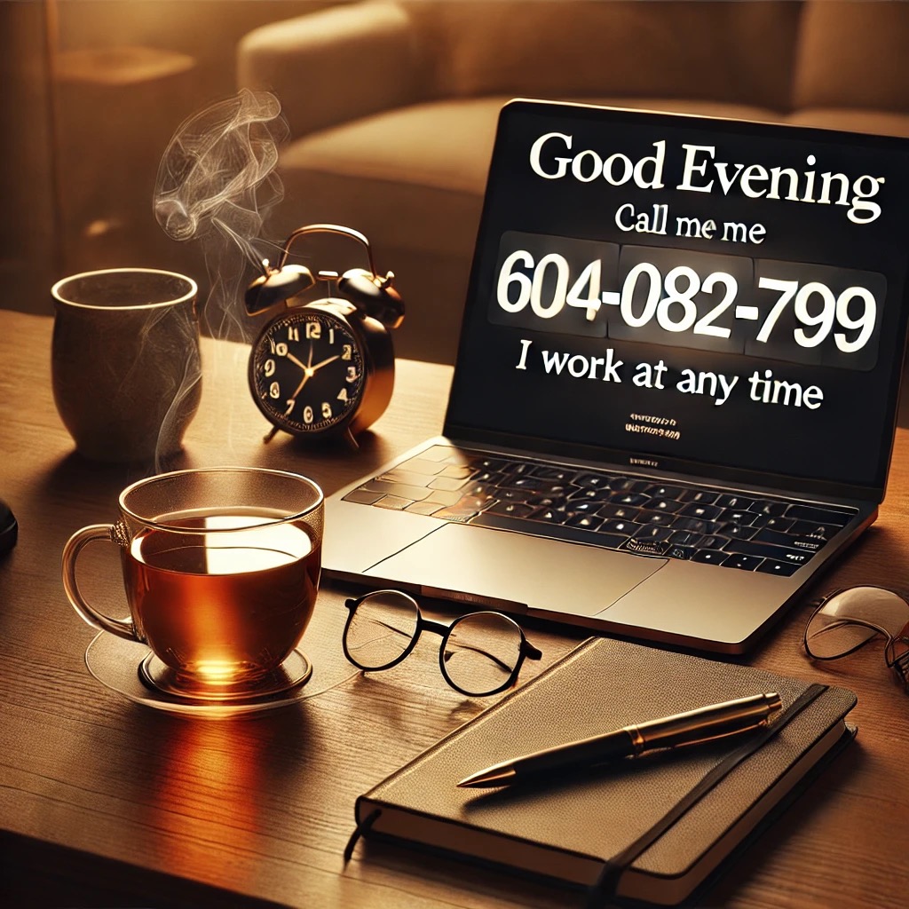 Biurko z laptopem wyświetlającym numer telefonu i napis 'Good Evening, Call me me, I work at any time', obok filiżanka herbaty z parą, budzik, okulary i notatnik z długopisem.
