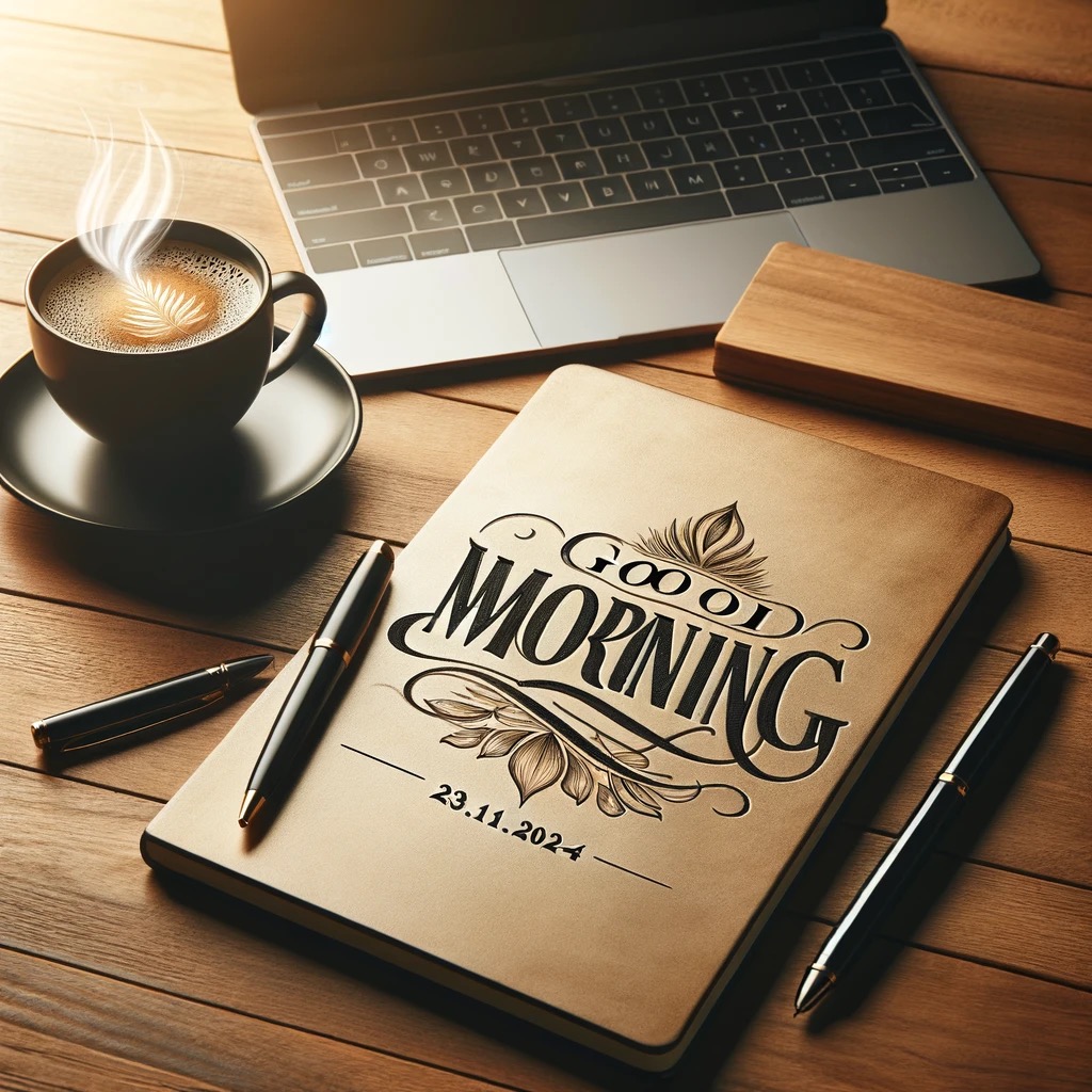 Biurko z laptopem, filiżanką kawy latte art, notatnikiem z napisem 'Good Morning' i datą 23.11.2024 oraz dwoma piórami, wszystko na drewnianym blacie.
