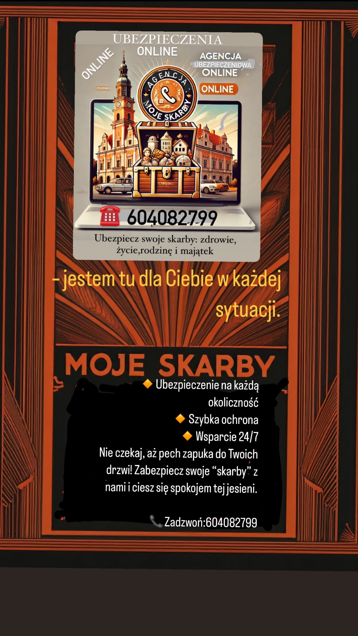 Grafika reklamowa agencji ubezpieczeniowej online z hasłem 'Ubezpiecz swoje skarby: zdrowie, życie, rodzinę i majątek', prezentująca laptopa z grafiką miasta i otwartej skrzyni skarbów.