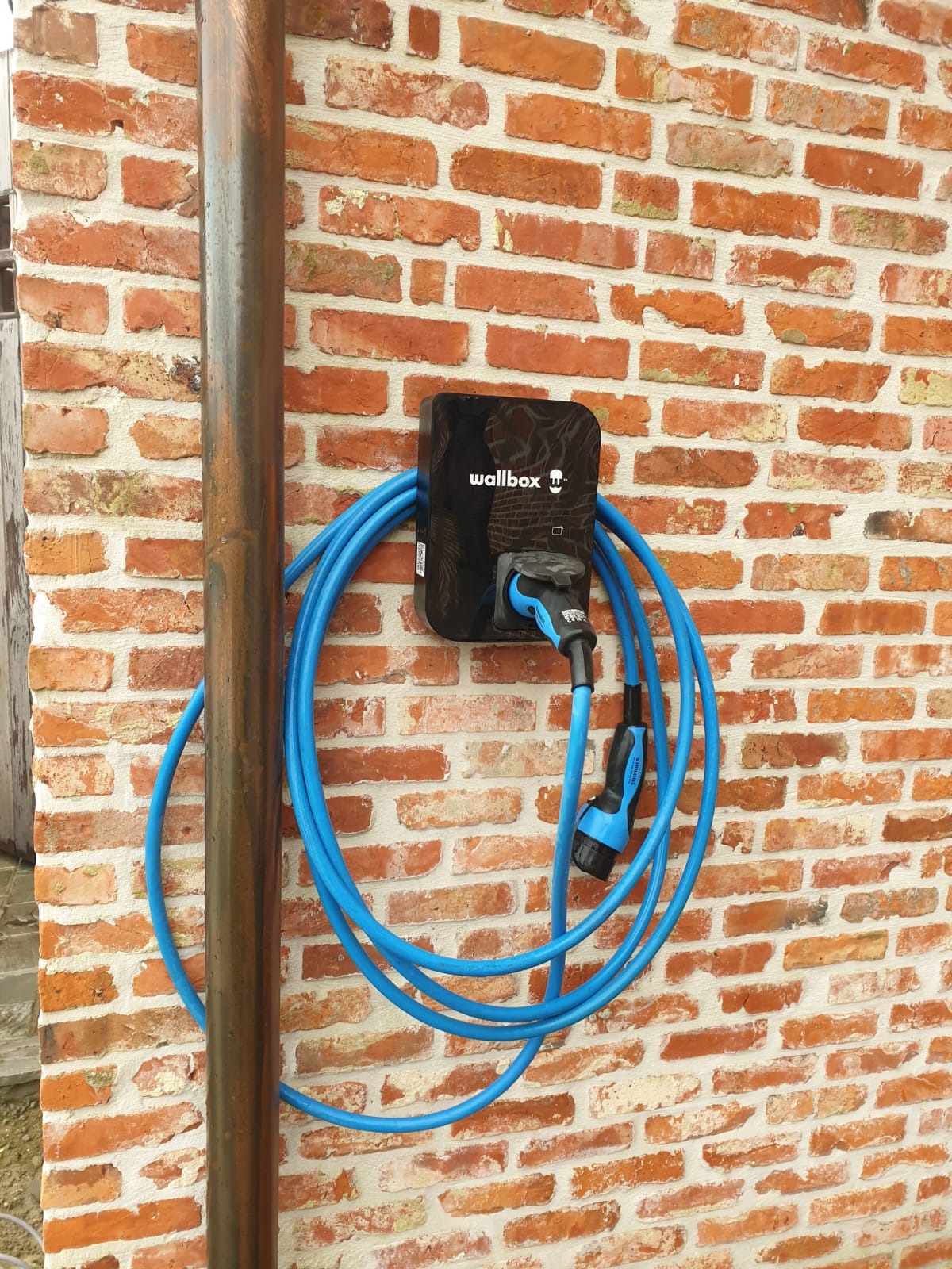 Czarna stacja Wallbox z niebieskim kablem do ładowania auta elektrycznego, zamontowana na ceglanej ścianie budynku. Widoczna rura spustowa.
