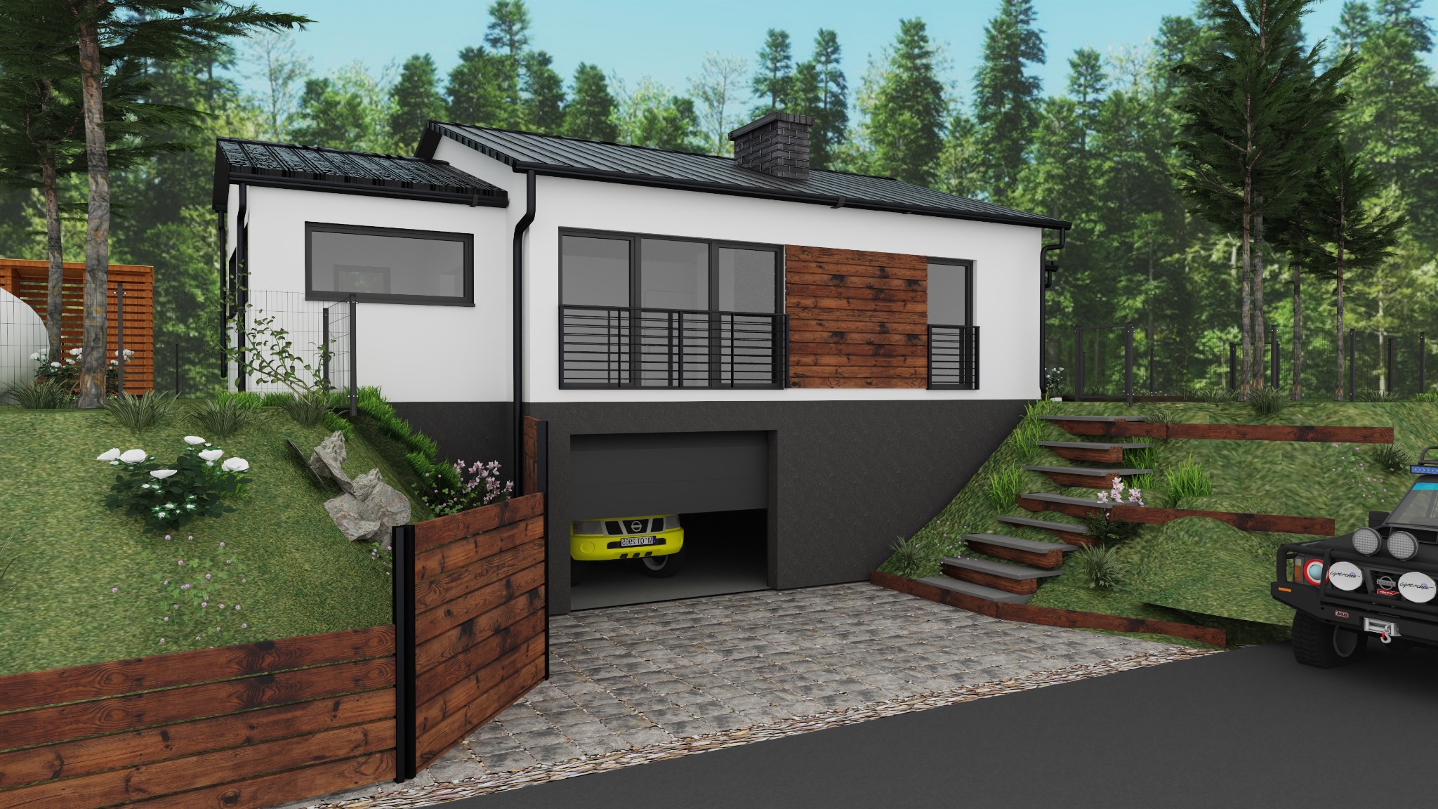 Wizualizacja nowoczesnego domu z garażem, drewnianą elewacją i zagospodarowanym terenem wokół, z żółtym samochodem w garażu.