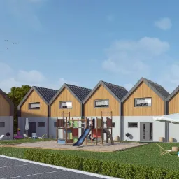 Wizualizacja szeregu nowoczesnych domów jednorodzinnych z drewnianą elewacją, szarą dachówką, placem zabaw i miejscem parkingowym wyłożonym panelami fotowoltaicznymi.
