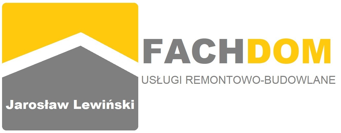 Logo firmy FachDom Jarosława Lewińskiego oferującej usługi remontowo-budowlane z motywem domu w kolorach żółtym i szarym.
