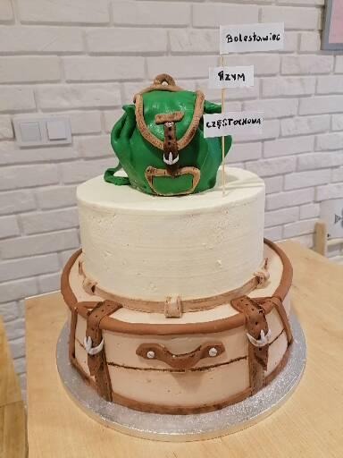 Dwupiętrowy tort z dekoracjami: na górze zielony plecak z masy cukrowej, na dole walizka z paskami i uchwytami, wbite trzy karteczki z nazwami miejscowości: Bolestawiec, Rzym, Częstochowa.