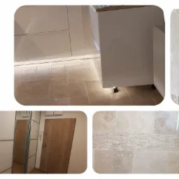 Kompozycja z logo firmy ADIBAT oraz zdjęć wnętrz: kuchni z białymi szafkami i podświetleniem, łazienki z trawertynowymi płytkami i kabiną prysznicową, oraz przedpokoju z szafą i drzwiami.