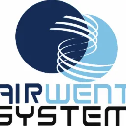 Logo firmy Airwent System z dwoma nakładającymi się okręgami w kolorach niebieskim i błękitnym, połączonymi białymi liniami symbolizującymi przepływ powietrza.