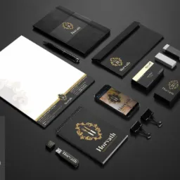 Zestaw materiałów identyfikacji wizualnej firmy cateringowej Horvath, obejmujący papier firmowy z ornamentem, wizytówki, notesy, pendrive, folder i smartfon wyświetlający stronę internetową firmy...