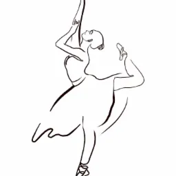 Minimalistyczny rysunek liniowy baleriny w dynamicznej pozie na białym tle.
