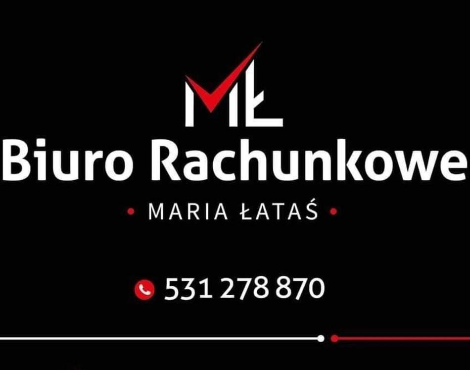 Logo Biura Rachunkowego Maria Łataś na czarnym tle, z czerwonym akcentem graficznym nad nazwą firmy oraz numerem telefonu w dolnej części.