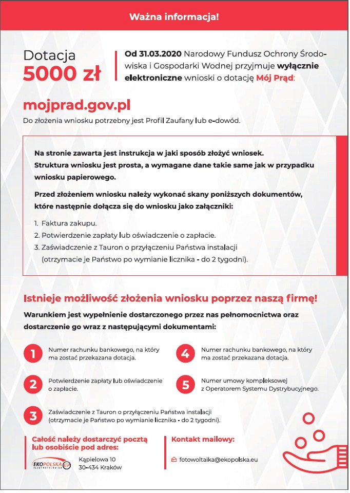 Informacja o dotacji 5000 zł na program Mój Prąd, z możliwością złożenia wniosku przez firmę EkoPolska, wymagane dokumenty i dane kontaktowe.