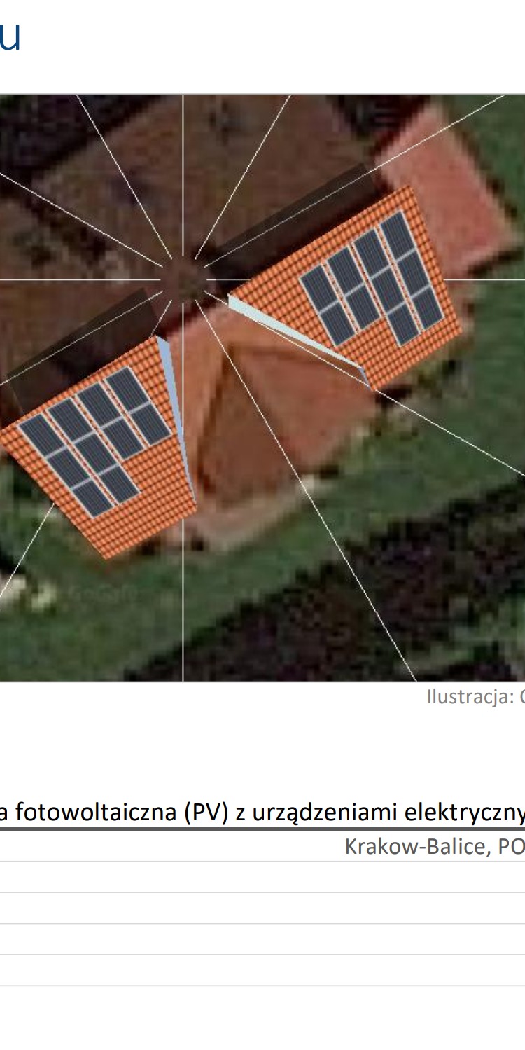 Symulacja wizualna instalacji paneli słonecznych na dachu domu z pomarańczową dachówką, widok z góry z naniesionymi liniami wyznaczającymi kąt padania promieni słonecznych.