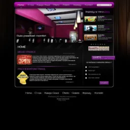 Projekt strony internetowej pubu muzycznego Atmosfera z elementami fioletu i czerni, prezentujący wnętrze lokalu i informacje o imprezach.