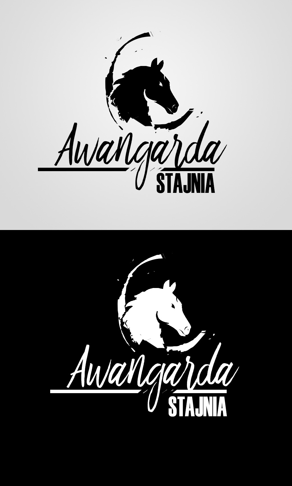 Dwuwarstwowe logo w czerni i bieli: stylizowana głowa konia w okręgu z nazwą 'Awangarda Stajnia' napisaną ozdobną czcionką.