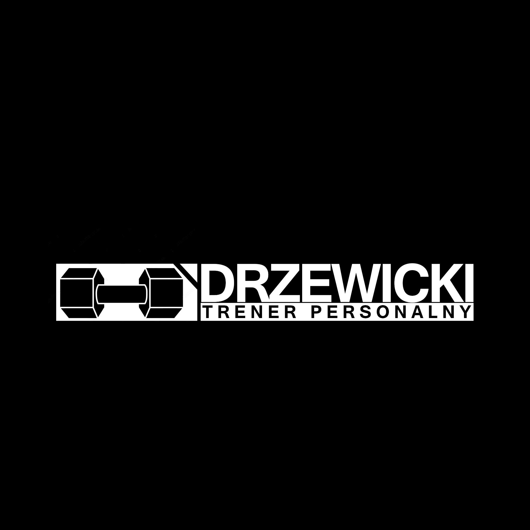 Minimalistyczne logo trenera personalnego Drzewicki, zintegrowane z symbolem hantli, białe na czarnym tle.