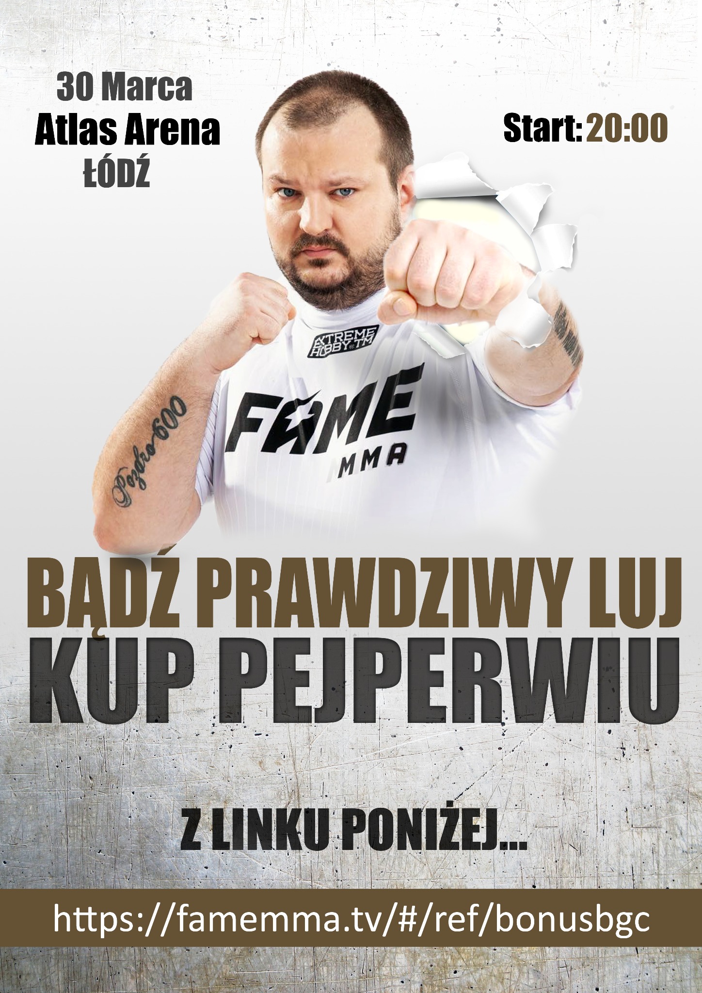 Plakat reklamowy wydarzenia Fame MMA z wizerunkiem zawodnika i informacjami o dacie, miejscu i linku do zakupu PPV.