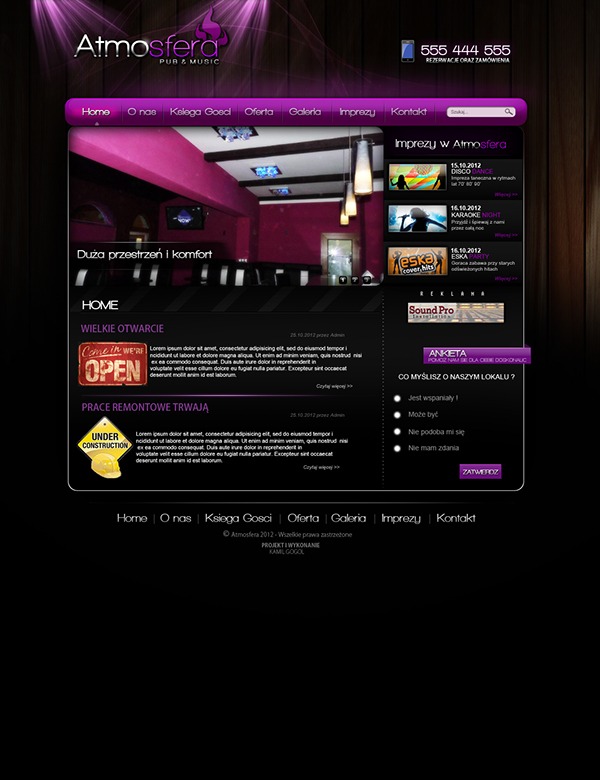 Projekt strony internetowej pubu muzycznego Atmosfera z elementami fioletu i czerni, prezentujący wnętrze lokalu i informacje o imprezach.