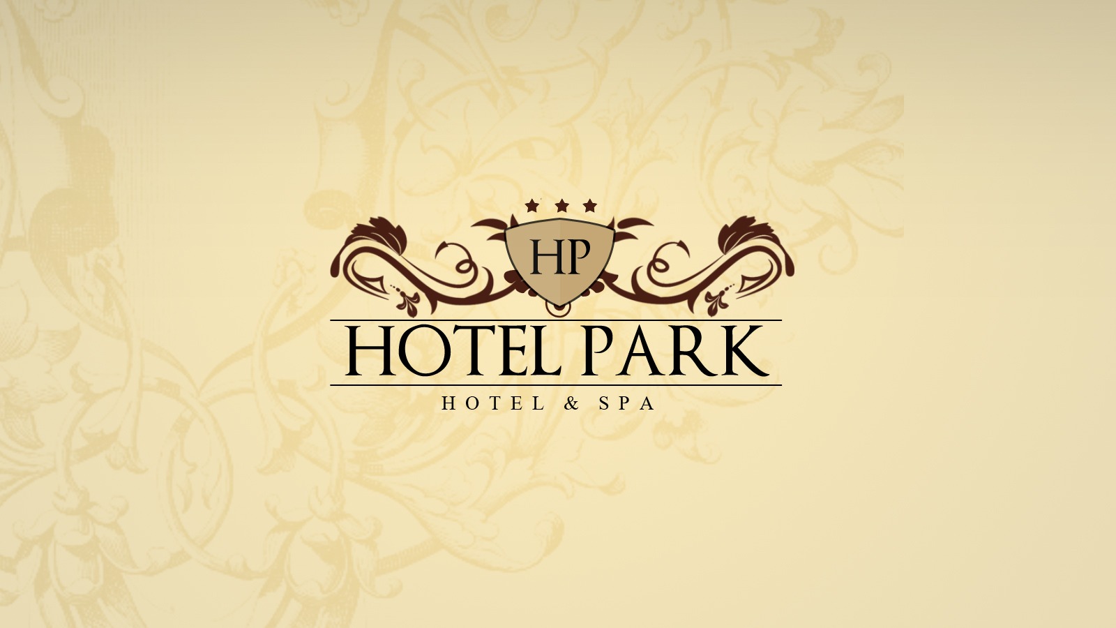 Eleganckie logo Hotel Park Hotel & SPA z monogramem HP w ozdobnej tarczy, zwieńczone trzema gwiazdkami, umieszczone na kremowym tle z subtelnym roślinnym ornamentem.
