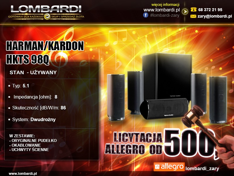 Ogłoszenie lombardu w Żarach prezentujące używany zestaw głośnikowy Harman/Kardon HKTS 980Q, wystawiony na licytację na Allegro od 500 zł, z widocznym młotkiem aukcyjnym.