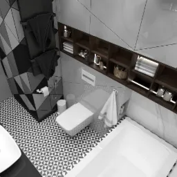 Wizualizacja nowoczesnej łazienki z geometrycznym wzorem na ścianie, wiszącymi ręcznikami, półkami z akcesoriami, umywalką i białą wanną.