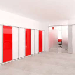 Wizualizacja biura z białymi ścianami i podłogą, rząd przesuwnych szaf z białymi i czerwonymi panelami, biurko z komputerem oraz szklane drzwi do kolejnego pomieszczenia.
