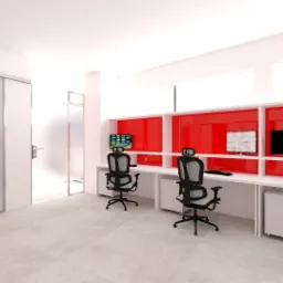 Nowoczesne biuro z białymi biurkami i czerwonymi panelami ściennymi, ergonomicznymi krzesłami i przesuwnymi szklanymi drzwiami, minimalistyczny design.