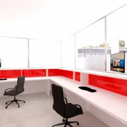 Wizualizacja biura z długim, białym blatem z czerwonymi akcentami, dwoma stanowiskami pracy z krzesłami obrotowymi i monitorami, widok na budynek za oknem.