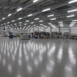 Błyszcząca, szara posadzka przemysłowa w hali produkcyjnej. Widoczne maszyny, palety z towarem i oświetlenie sufitowe. Gładka powierzchnia podłogi odbija światło.