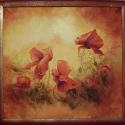 Obraz olejny przedstawiający czerwone maki na rozmytym, ciepłym tle w drewnianej ramie.