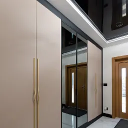 Beżowa szafa z lustrem w czarnej ramie i złotymi uchwytami, odbicie drzwi wejściowych w lustrze, czarny sufit podwieszany z oświetleniem LED.