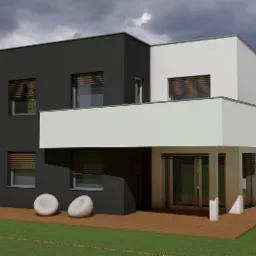 Wizualizacja nowoczesnego domu dwukondygnacyjnego z płaskim dachem, z elewacją w kolorach bieli i antracytu, z drewnianym tarasem, jacuzzi i dwoma okrągłymi fotelami.