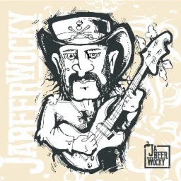 Czarno-biały rysunek karykaturalny muzyka z gitarą, w kapeluszu z symbolem czaszki i skrzyżowanych kości, stylizowany na logo 'Ja Beer Wocky' na beżowym tle.