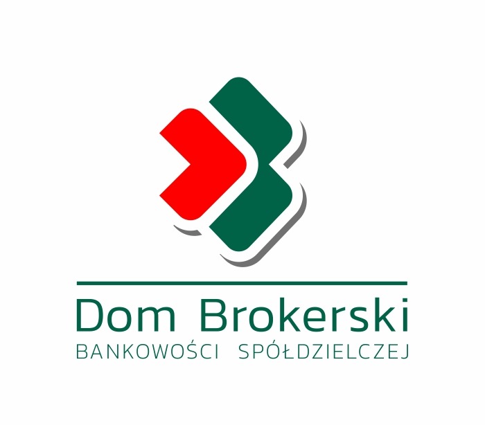 Logo firmy Dom Brokerski Bankowości Spółdzielczej z abstrakcyjnym symbolem w kolorach czerwonym i zielonym, umieszczone na białym tle.