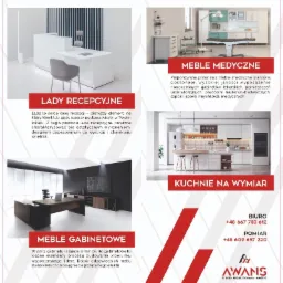Kolaż prezentujący meble różnych typów: biała lada recepcyjna z szarą krzesłem, meble medyczne w gabinecie zabiegowym, biała kuchnia na wymiar z wyspą oraz ciemne meble gabinetowe z biurkiem...