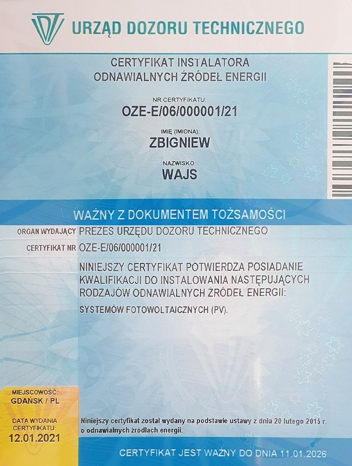 Skan certyfikatu instalatora odnawialnych źródeł energii wydanego przez Urząd Dozoru Technicznego dla Zbigniewa Wajsa, uprawniającego do instalacji systemów fotowoltaicznych, ważny do 11.01.2026.
