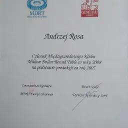 Skan certyfikatu członkowstwa w Międzynarodowym Klubie Million Dollar Round Table z logo Generali, wystawionego dla Andrzeja Rosy w 2008 roku.