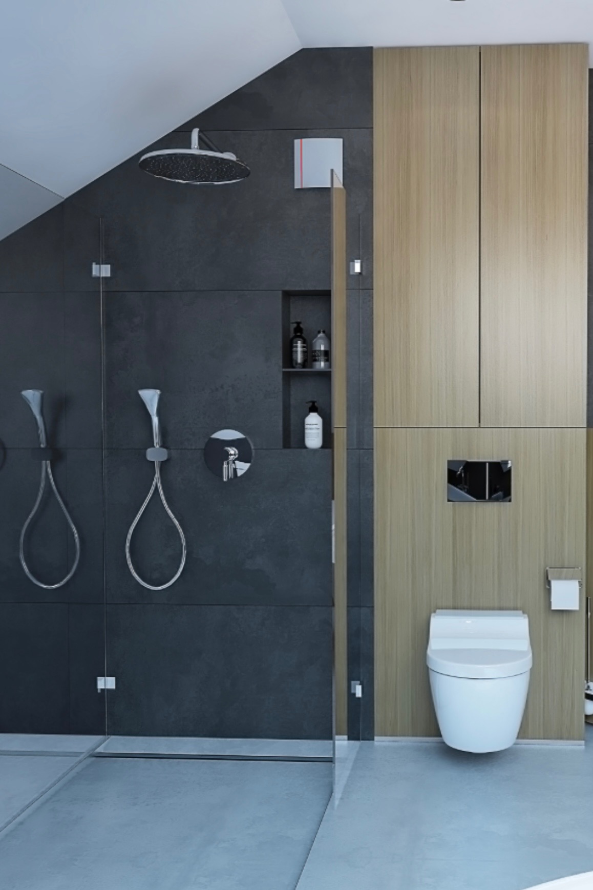 Nowoczesna łazienka z kabiną prysznicową typu walk-in, wykończona ciemnymi płytkami i drewnianymi panelami, wisząca toaleta, bateria podtynkowa, półka z kosmetykami w ścianie.