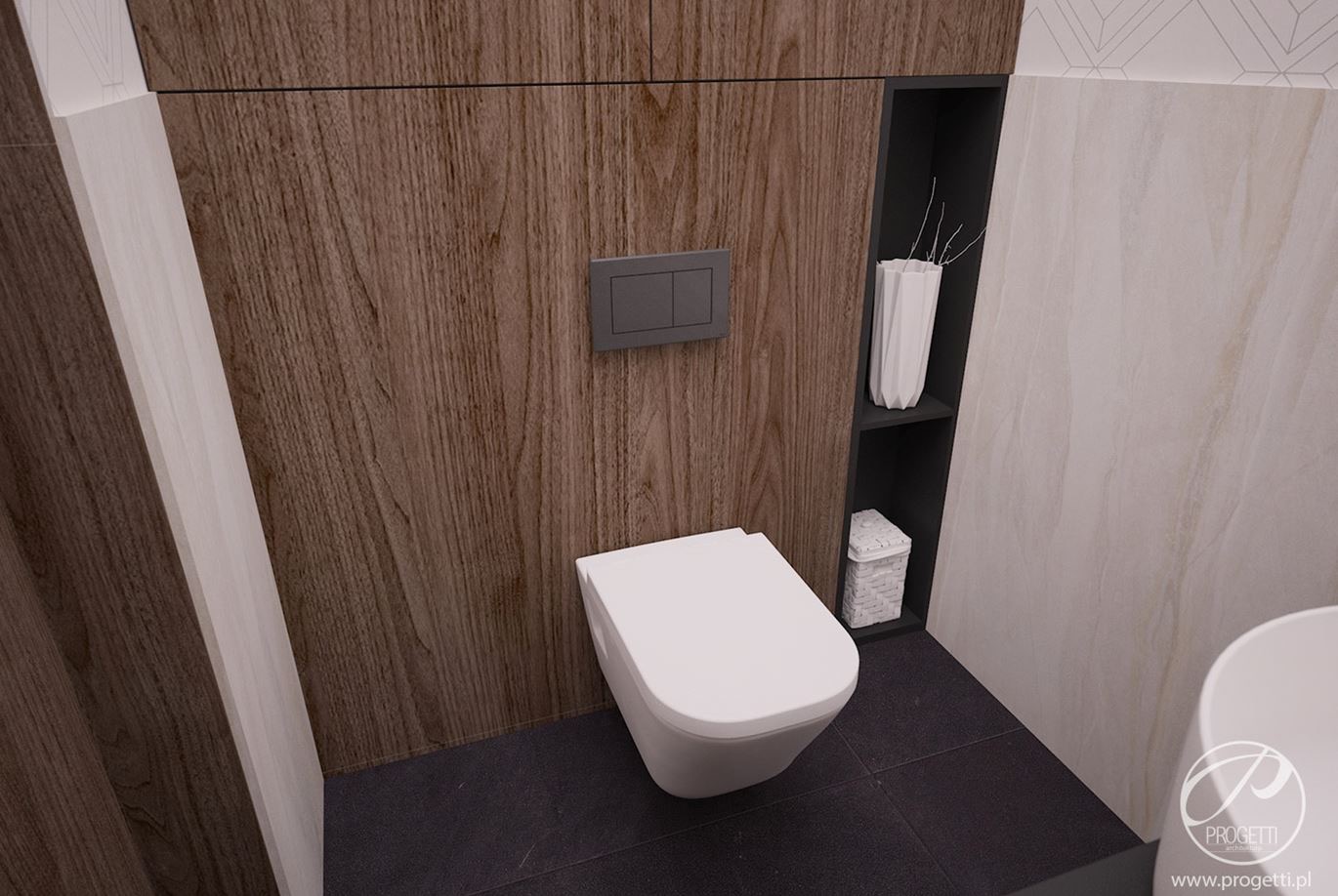 Nowoczesna toaleta podwieszana z szarą armaturą na tle drewnianej ściany i półki z dekoracjami, czarna podłoga z płytek.