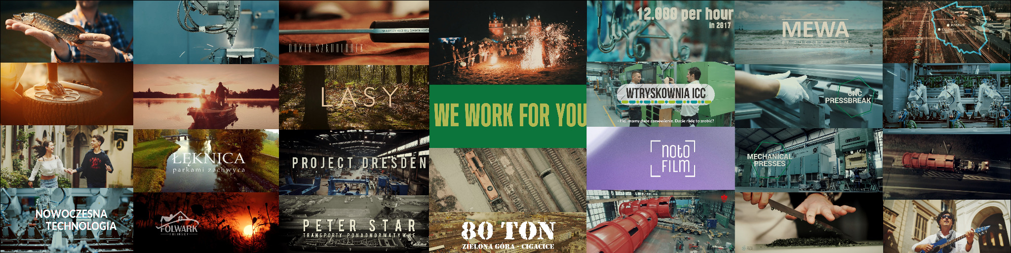 Montaż ujęć z różnych filmów: wędkarz z rybą, automat przemysłowy, narzędzie, ognisko, fabryka, las, jezioro, logo firmy, maszyny, ludzie, budynki, drogi, napisy.