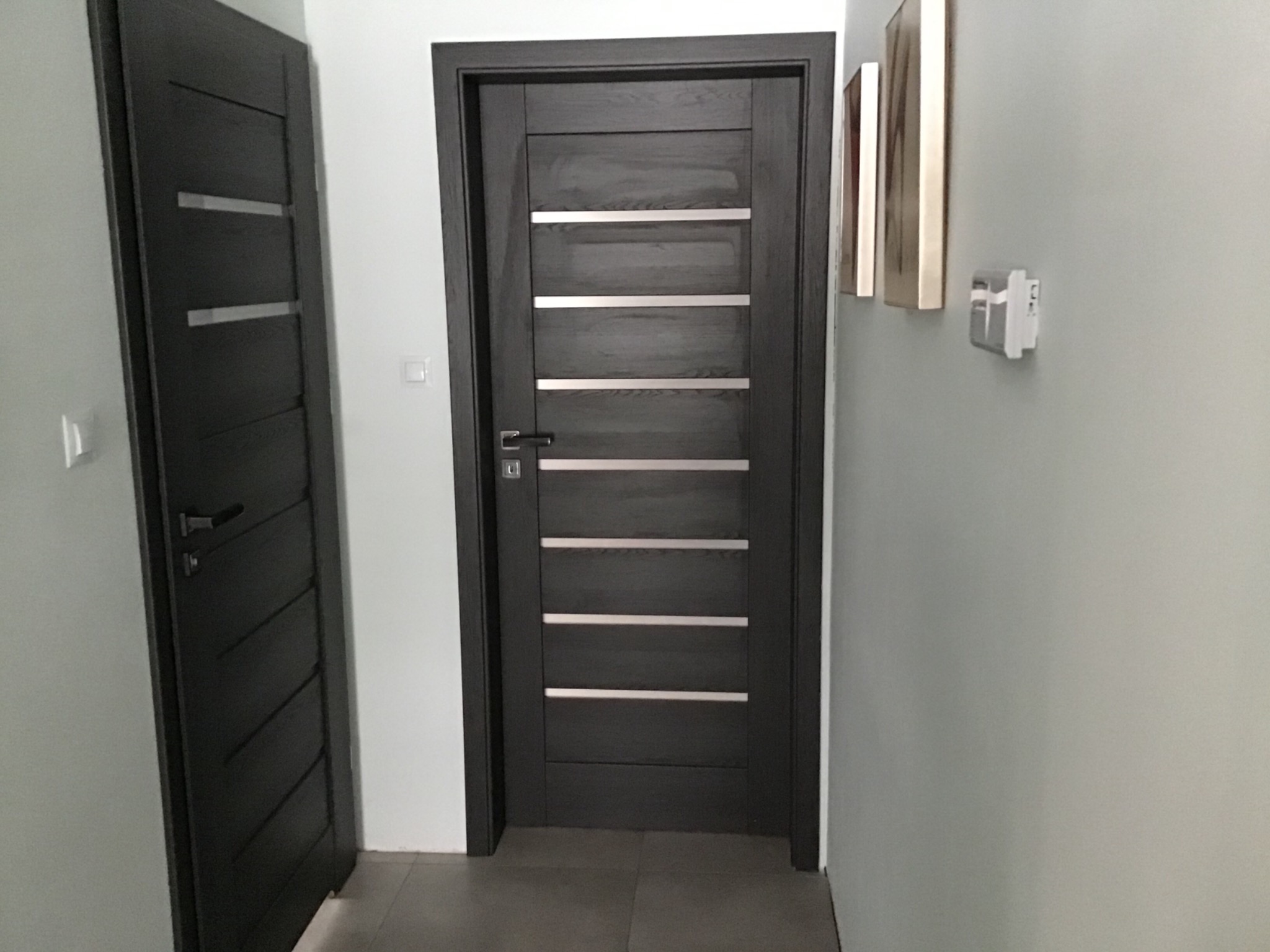 Ciemne, drewniane drzwi wewnętrzne z poziomymi, srebrnymi wstawkami, widoczne z perspektywy korytarza.