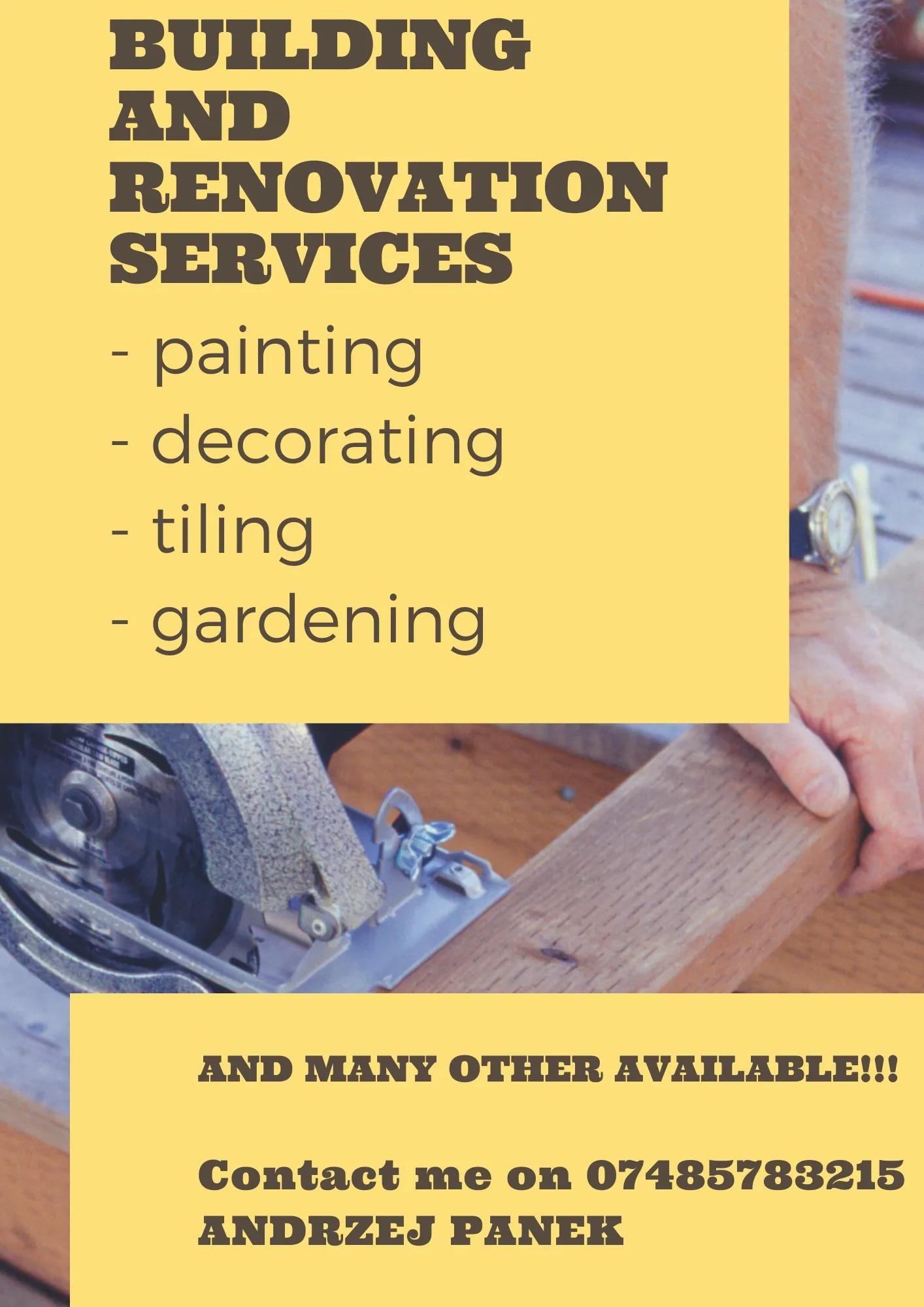 Reklama usług budowlanych i remontowych: malowanie, dekorowanie, układanie płytek, ogrodnictwo. W tle ręka z zegarkiem i przecinarka do drewna w trakcie pracy.