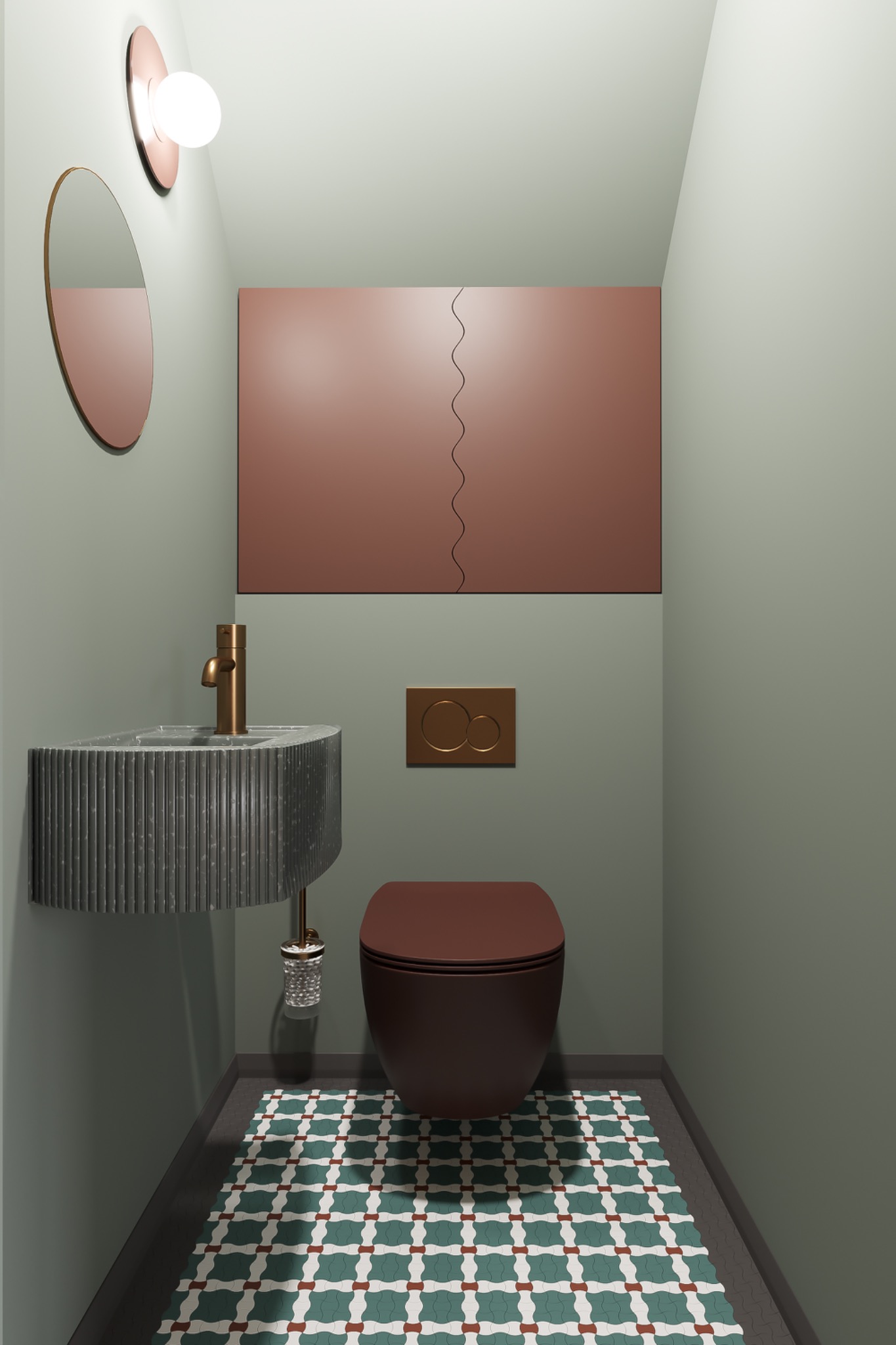 Wizualizacja małej łazienki z umywalką z szarego kamienia z ryflowaną fakturą, złotą baterią i okrągłym lustrem, wiszącą toaletą w kolorze brązu i wzorzystą podłogą w odcieniach zieleni, brązu...